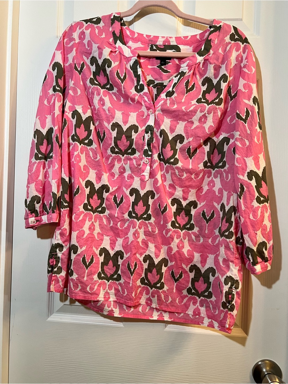 🦋 Talbots Pink and Brown Printed 3/4 sleeve Henley Tunic size large